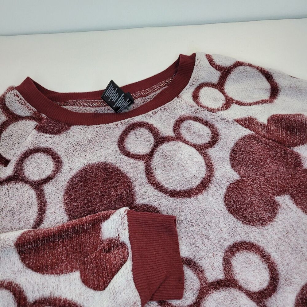 Disney Mickey Mouse Fleece Sweatshirt‎ Small Burgundy Cream Plush Raglan Top